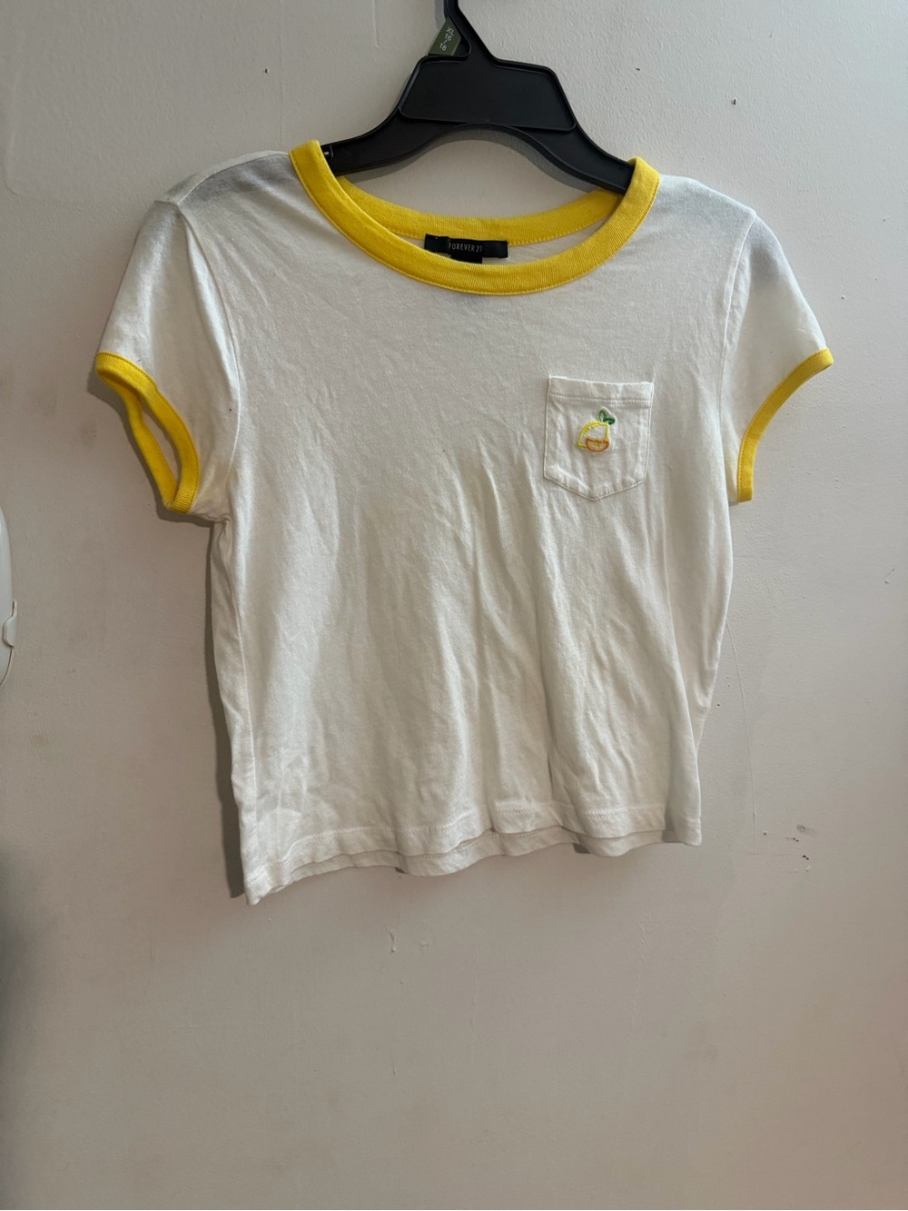 Forever 21 White Tee with Yellow Trim and Pocket Fruit Embroidery